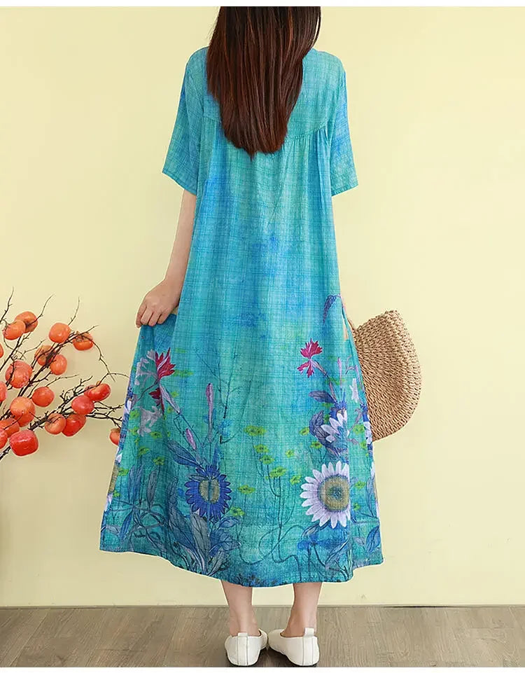 Retro Cotton Linen Dress – Summer Print Loose Long Maxi Dress - Evallys.com