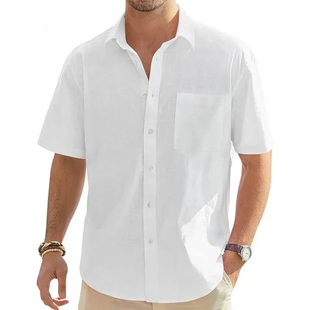 Men's Solid Color Cotton Linen Short Sleeve Shirts Vacation Beach Summer Tops with Pocket Casual Lightweight Button Shirts - Evallys.com