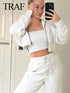 TRAF 2024 Spring Female Casual Hoodies Zipper Coats+Elastic Waist Baggy Pants 2 Pieces Set Elegant Loose Solid Pink Grey Pants - Evallys.com