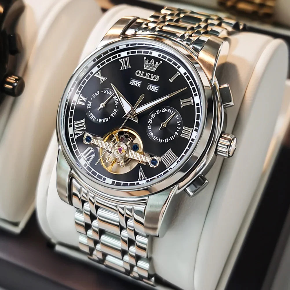 OLEVS Men's Watches Automatic Mechanical Business Wristwatch Waterproof Stainless Steel Strap Watch for Man Skeleton Calendar - Evallys.com
