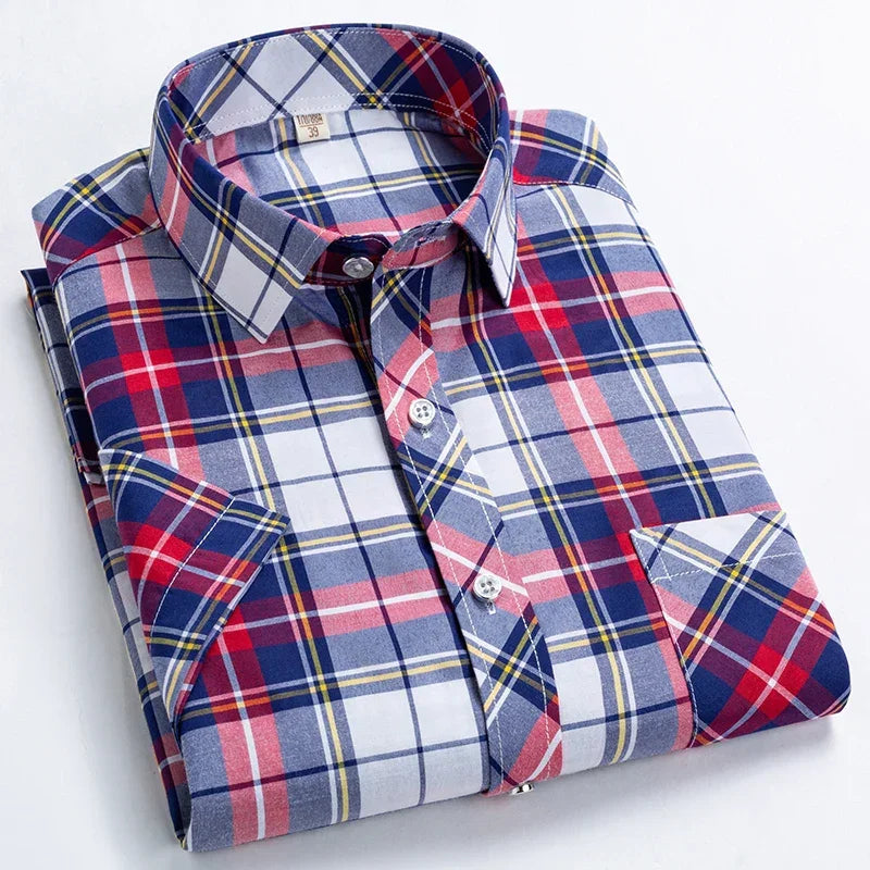 High Quality Men's Plaid Short Sleeve Shirts Business Casual Striped Turn-Down Collar Summer Man Shirt - Evallys.com