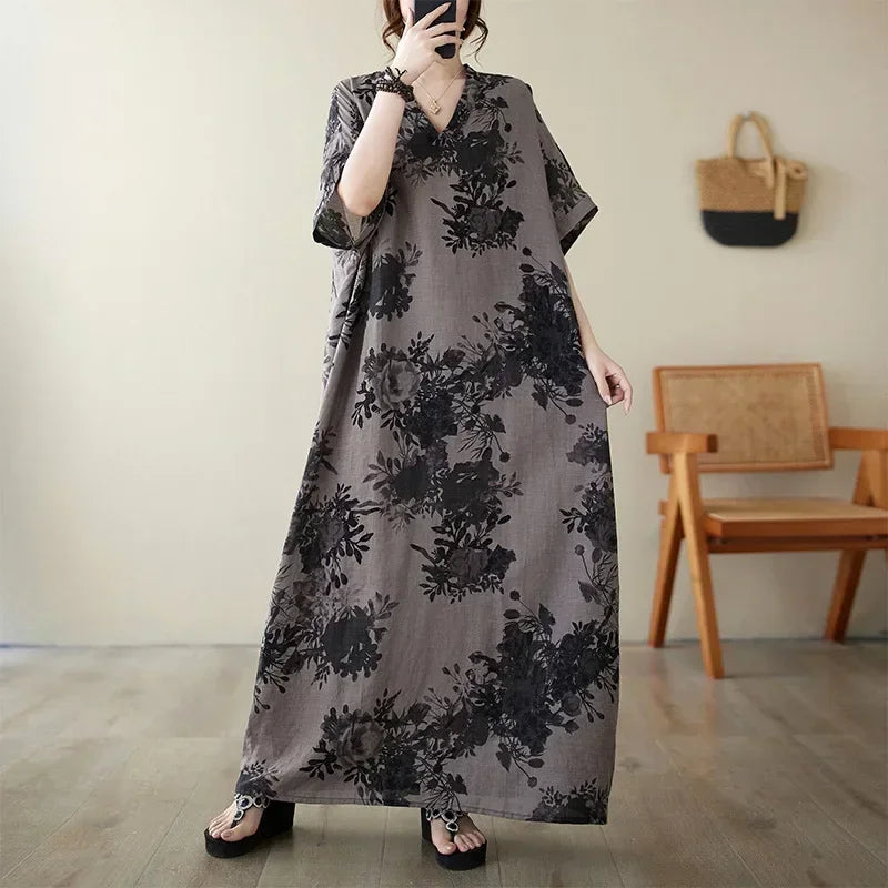 Vintage Cotton Summer Maxi Dress – Harajuku Floral Beachwear - Evallys.com