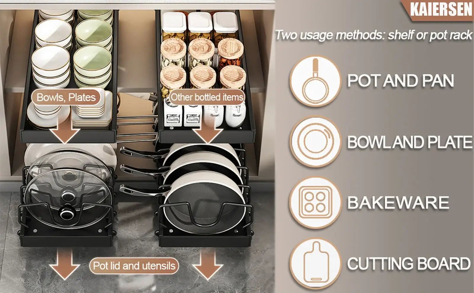 Pots and Pans Organizer Under Cabinet,Sliding Pot Lid Holder and Pan Rack Kitchen,Pull out Pot and Pan Organizer,Dishes Storage