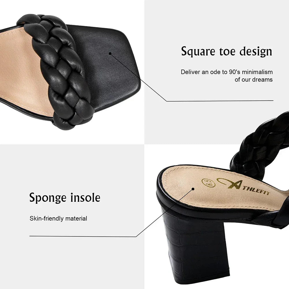 Elegant Women's Braided Heels Sandalias Fashion Strappy Square Sandals Open Toe Backless Mules Slip On Block Heeled Shoes - Evallys.com