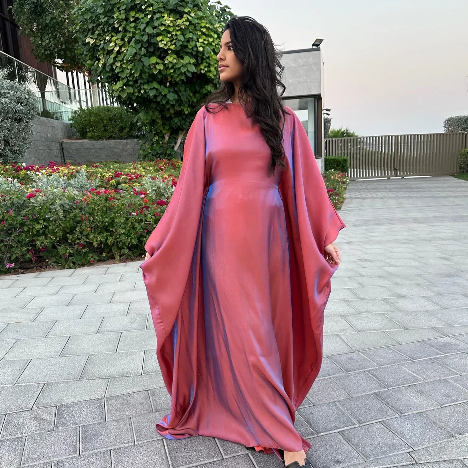 Eid Ramadan Batwing Butterfly Satin Abaya Dubai Luxury Muslim Kaftan Maxi Dress Women Kebaya Robe Caftan Marocain Femme Vestidos - Evallys.com