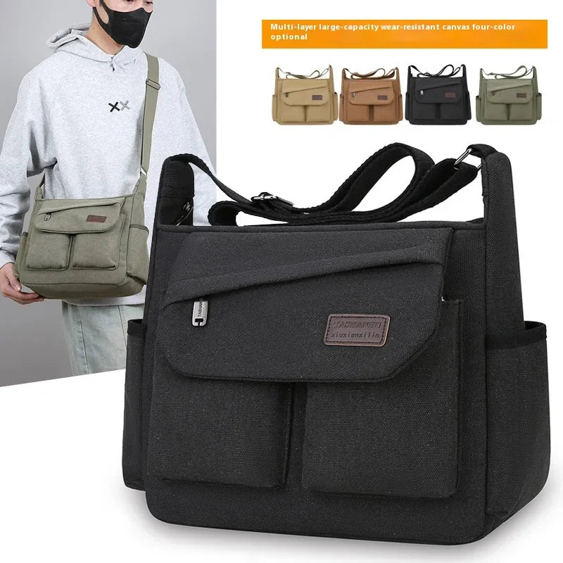 Men's Canvas Messenger Bag, Casual Travel Shoulder Bag, Outdoor Sports, Multi-Pocket Adjustable Shoulder Strap - Evallys.com