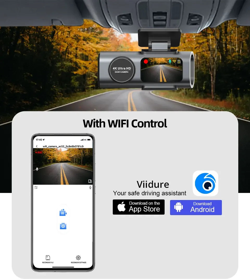 Dash Cam Dual Lens 4K UHD Recording Car Camera DVR Night Vision Video Recorder Built-In Wi-Fi Support GPS 24H Parking - Evallys.com