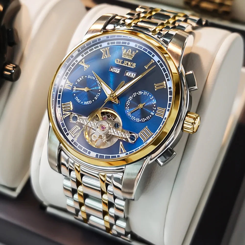 OLEVS Men's Watches Automatic Mechanical Business Wristwatch Waterproof Stainless Steel Strap Watch for Man Skeleton Calendar - Evallys.com