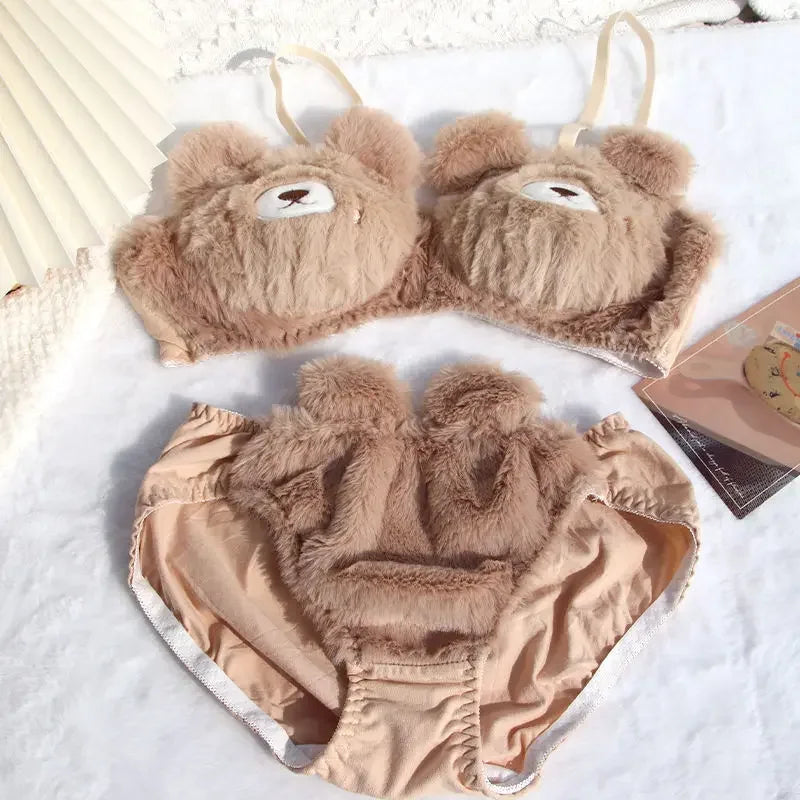 Japanese Girls Winter Soft Ropa Interior Cute Lingerie for Women Cartoon Bear Students Plush Sexy Bras Wireless Thin Bra Set - Evallys.com