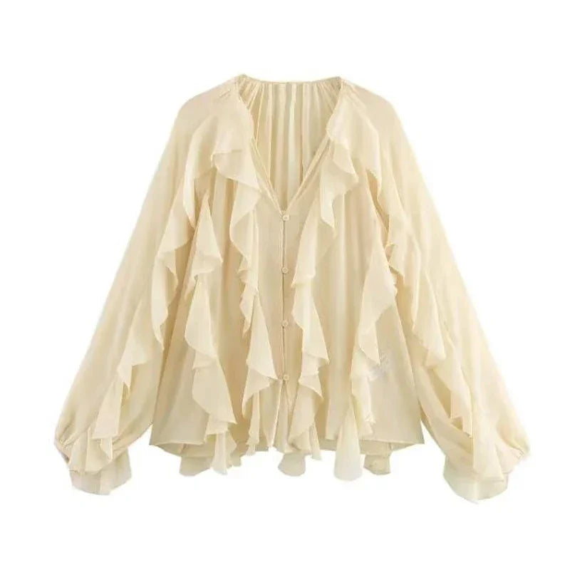 MUJER Ruffle Blouse – Semi Sheer Chiffon Fairy Shirt for Women 2025 - Evallys.com