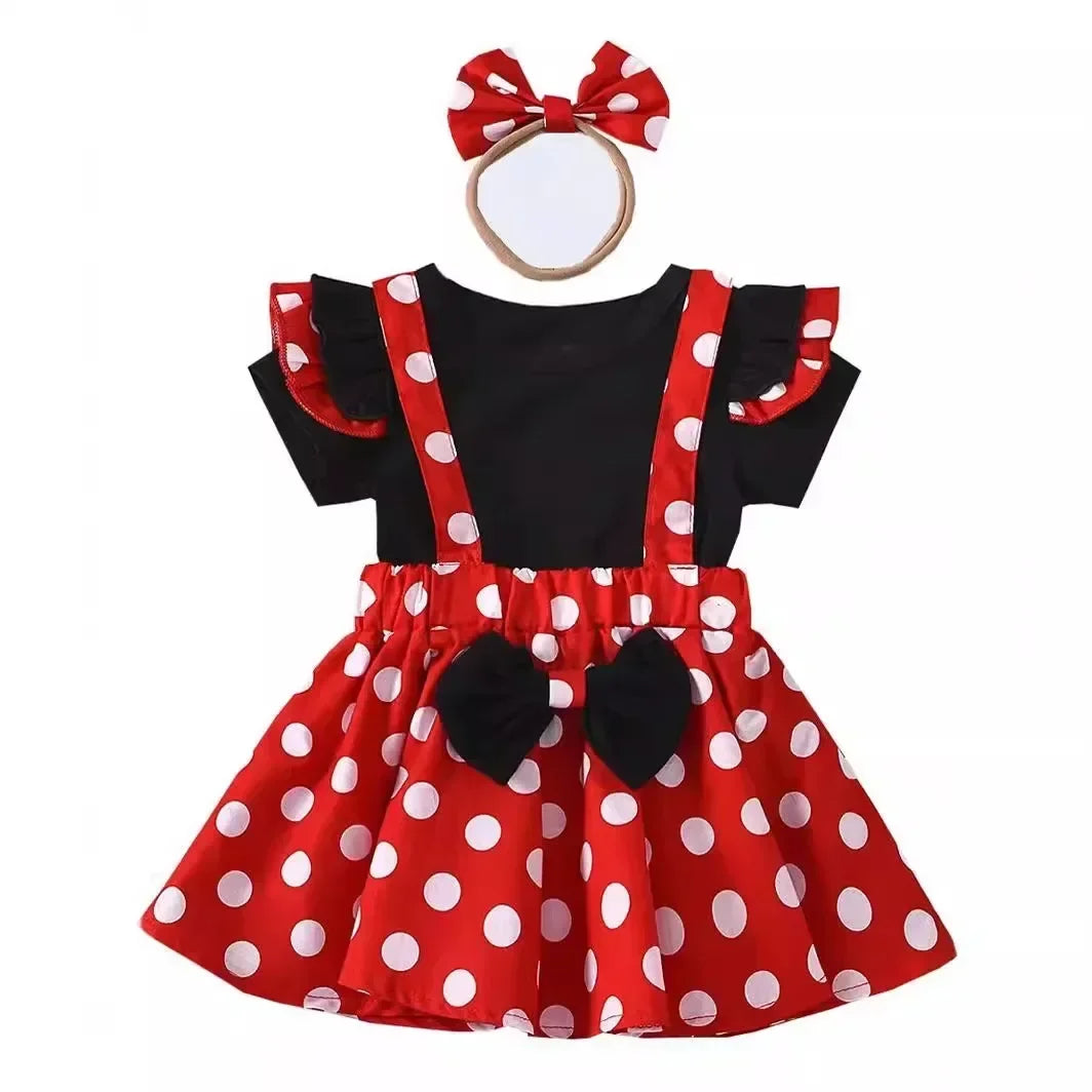 Minnie Mouse Girl Suit Children's Dress Baby Clothes Set Summer Birthday Costume Polka Dot Sundress Bow Headband Skirt Set - Evallys.com