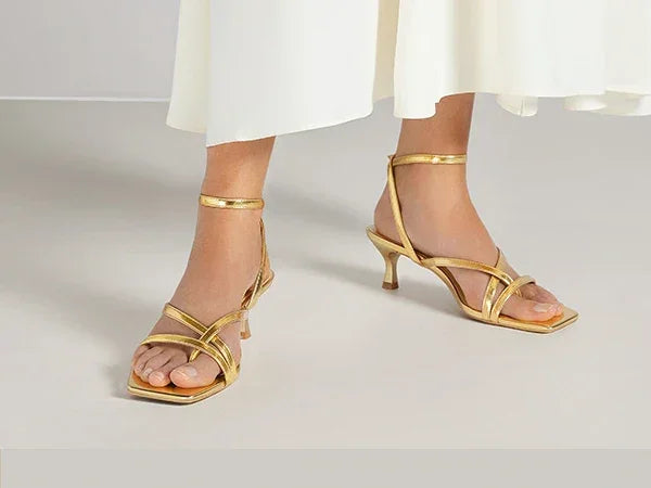 Women's Strappy Kitten Heels Square Toe Flip Flops Low Heels Ankle Strap Party Dress Thong Heeled Sandals - Evallys.com