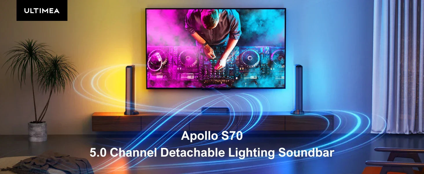 ULTIMEA 180W 5.0 Sound Bar for tv, PC SoundBar with RGB for Home Theater, Detachable Soundbar with App Control, HDMI-ARC/Opt/AUX - Evallys.com