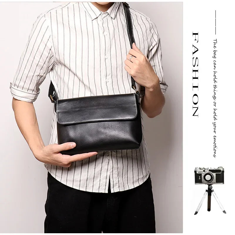 Crazy Horse Leather Men's Shoulder Bag Genuine Leather Small Bag Crossbody Cowhide Bag for Man High Quality Men Satchel Bags - Evallys.com