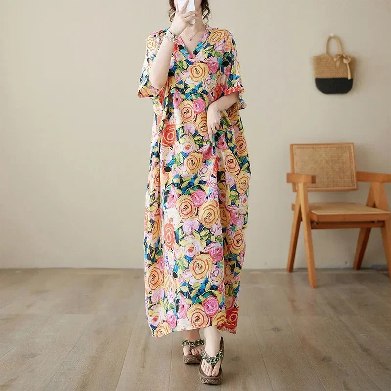 Vintage Cotton Summer Maxi Dress – Harajuku Floral Beachwear - Evallys.com