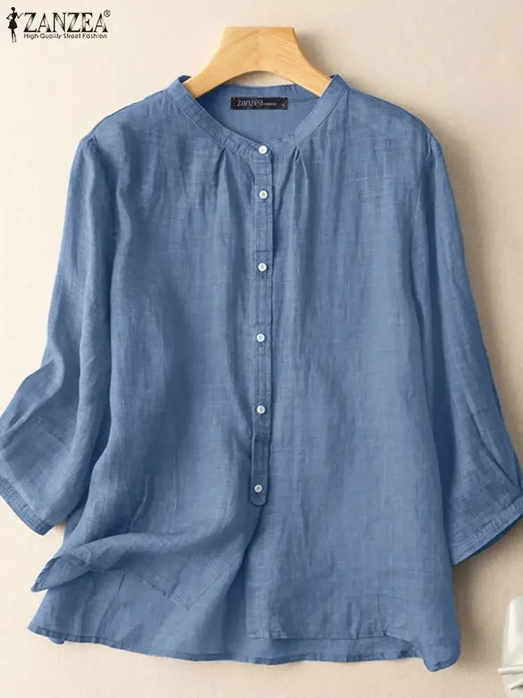 ZANZEA 2025 Spring Summer Blouses Casual Women Shirts Solid Color 3/4 Sleeve Buttons Cotton Linen Blusas Solid Top Casual Tunic - Evallys.com
