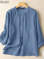ZANZEA 2025 Spring Summer Blouses Casual Women Shirts Solid Color 3/4 Sleeve Buttons Cotton Linen Blusas Solid Top Casual Tunic - Evallys.com