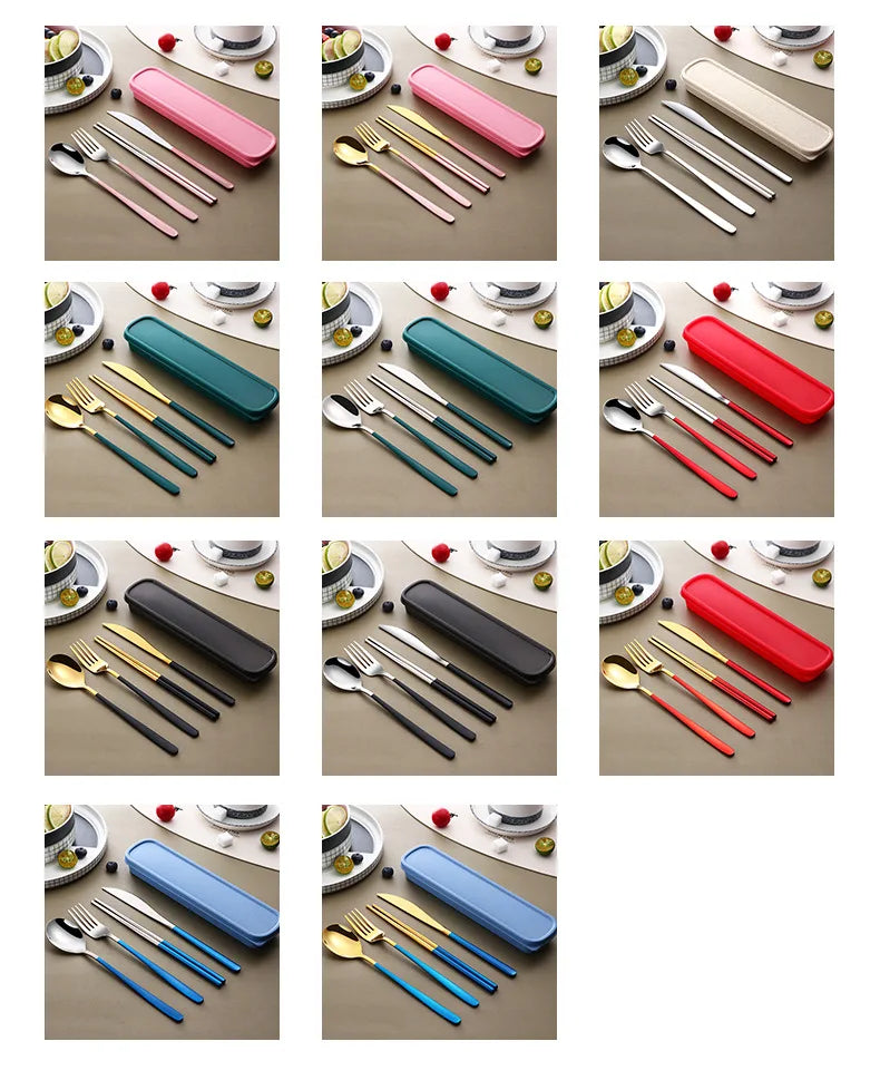 Portable Cutlery Set for Camping & Travel 4pcs Stainless Steel Knife, Fork, Spoon Kit with Storage Box