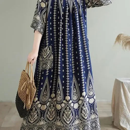 Summer Ethnic Print Dress with Pockets – Loose Mid-Calf Casual Wear - Evallys.com