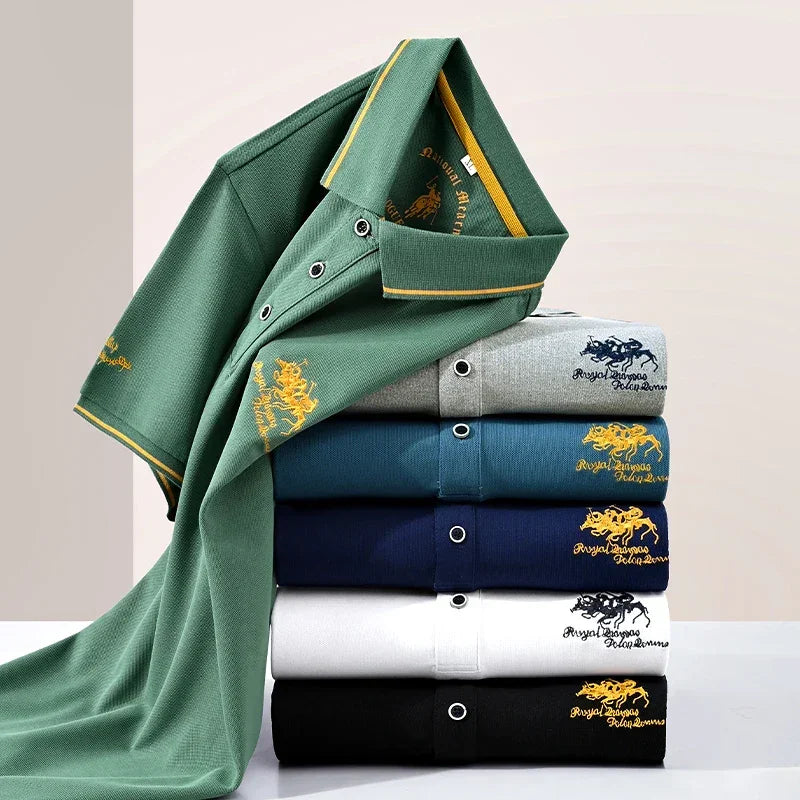 Men's Business Casual Short Sleeved Embroidered Solid Color Polo Shirt Fashionable Breathable Comfortable Summer Versatile Top - Evallys.com