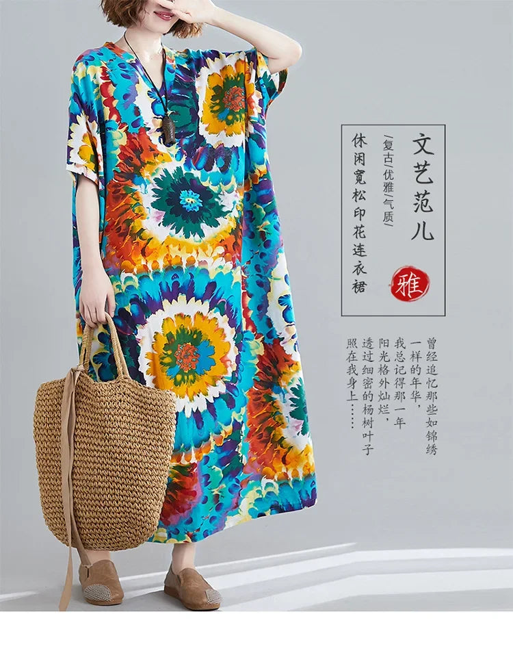 Boho Floral Maxi Dress – Cotton Linen V-Neck Summer Beach Wear - Evallys.com