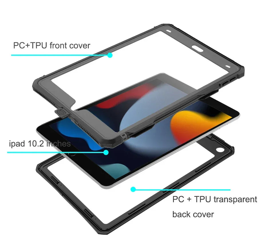 IP68 Waterproof Case Cover for Apple iPad 7 8 9 10.2" with Screen Protector Pencil Holder Water Resistant Kickstand Case w/Strap - Evallys.com