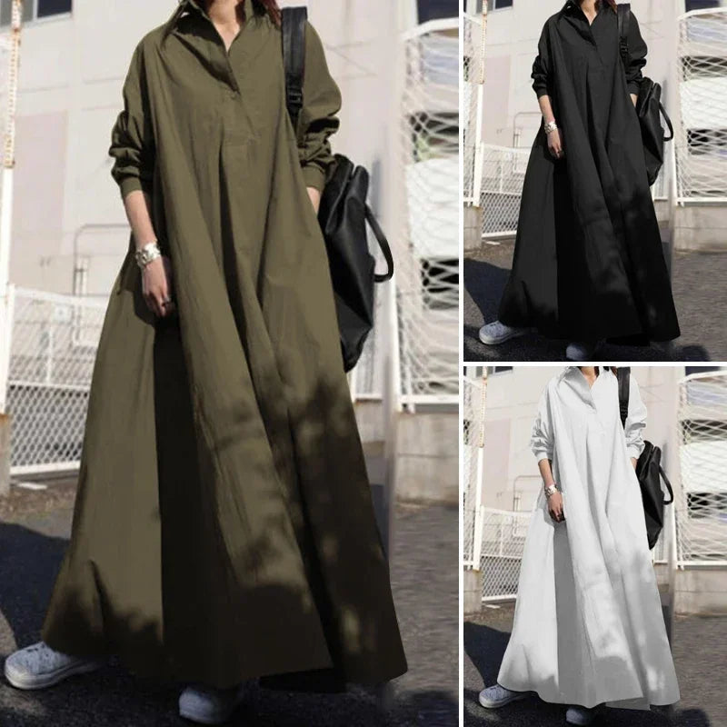 Vintage Cotton Linen Shirt Dress Women’s Autumn Long Maxi Robe - Evallys.com