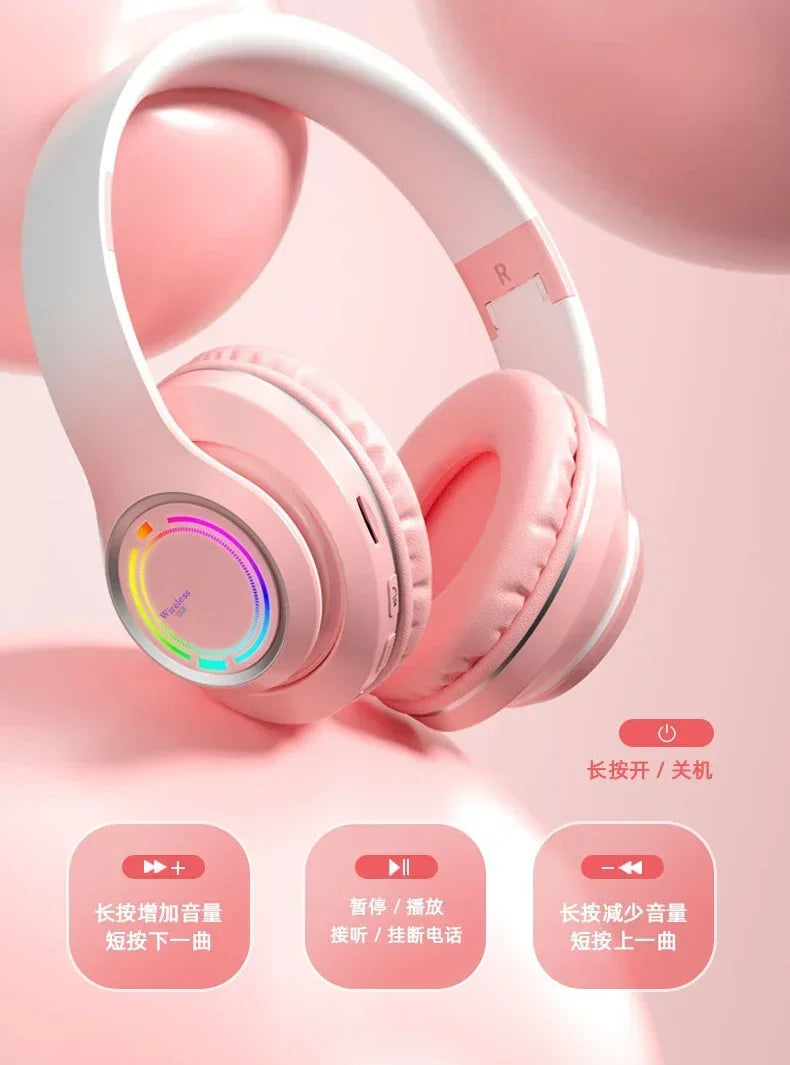 RGB Bluetooth Wireless Headphones For Girls Children's Headset with Microphone Support SD Card HIFi Stereo Gaming Earphone - Evallys.com