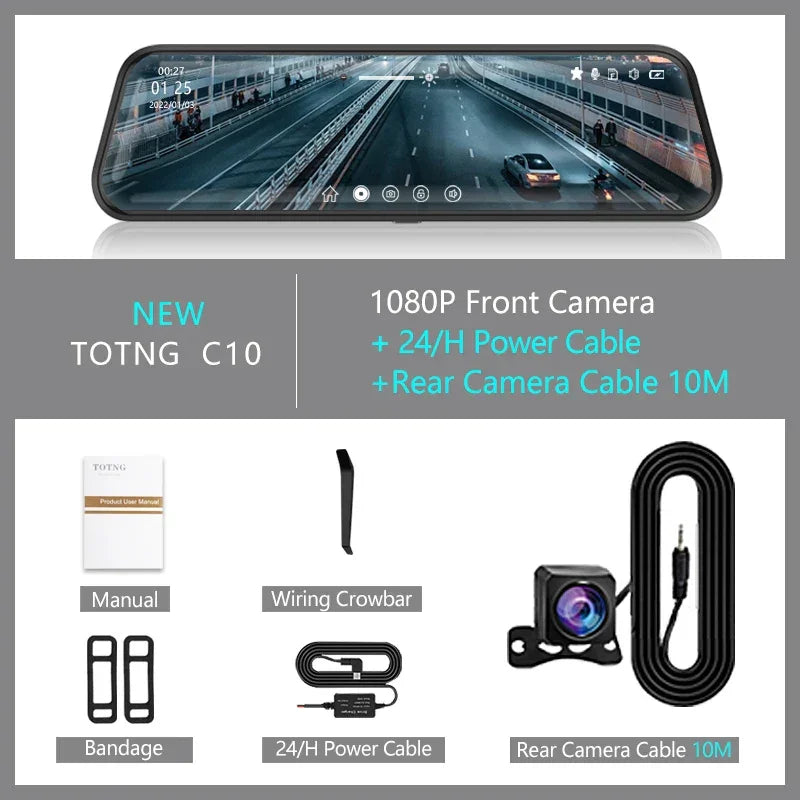10 Inch Mirror Camera for Car Touch Screen Video Recorder Rearview Mirror Dash Cam Front and Rear Camera Mirror DVR Black Box - Evallys.com