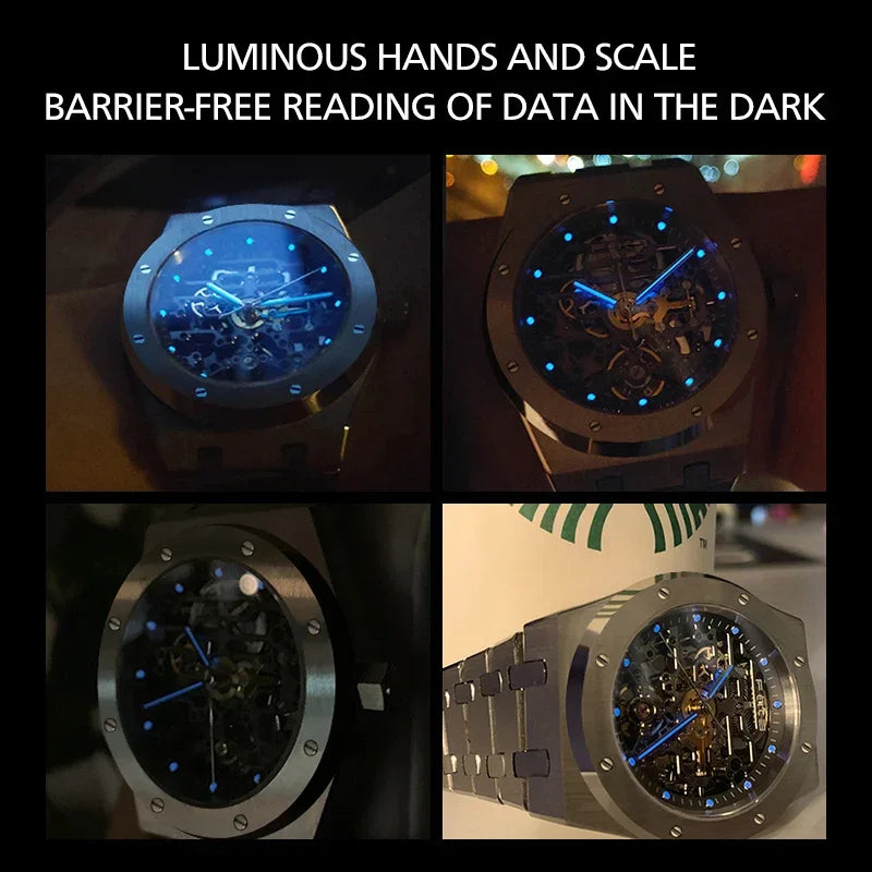 FEICE Automatic Mechanical Luxury Watch Men Stainless Steel Watches Luminous Waterproof Watch for Men Skeleton FM019 - Evallys.com