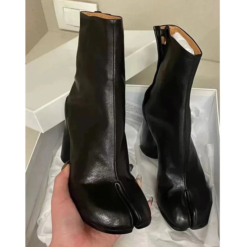 2024 Autumn Winter Soft Leather Split toe Tabi Women Ankle Boots Fashion Thick High heels Chunky Shoes Ins Style Short Booties - Evallys.com