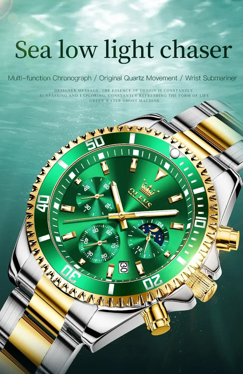 OLEVS Men's Watches Top Brand Luxury Watch for Men Original Waterproof Stainless Steel Chronograph Moon Phase Date Rota Dial - Evallys.com