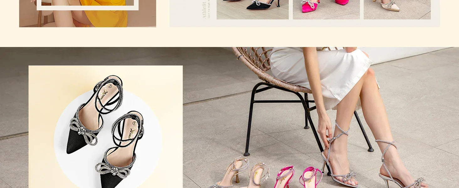 Women's Rhinestone Bow Heels Ankle Strap Pointed Toe Stiletto Heeled Sandals Wedding Bridal Dress Pumps Shoes - Evallys.com