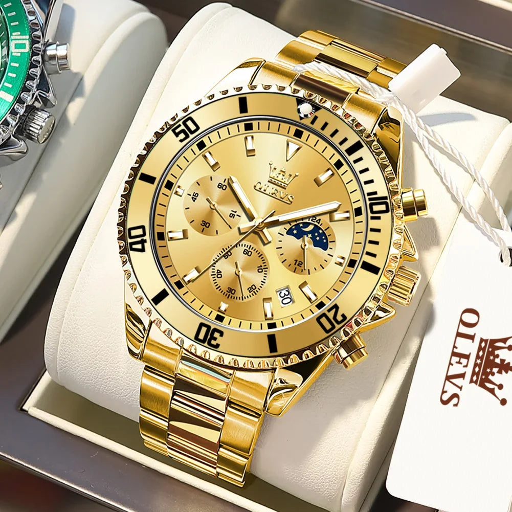 OLEVS Men's Watches Top Brand Luxury Watch for Men Original Waterproof Stainless Steel Chronograph Moon Phase Date Rota Dial - Evallys.com