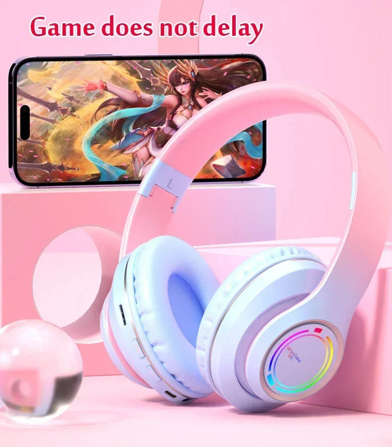 RGB Bluetooth Wireless Headphones For Girls Children's Headset with Microphone Support SD Card HIFi Stereo Gaming Earphone - Evallys.com