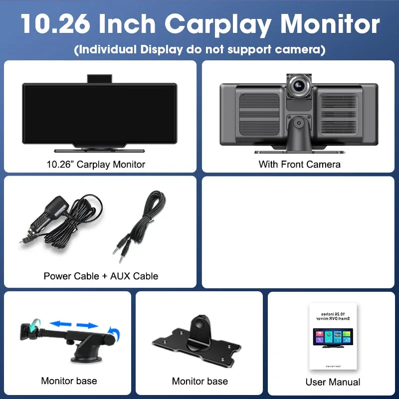 10.26'' Dash Cam 4K Car Mirror Video Player Wireless Carplay Android Auto GPS Car Monitor Multimedia Rearview Camera Dashboard - Evallys.com