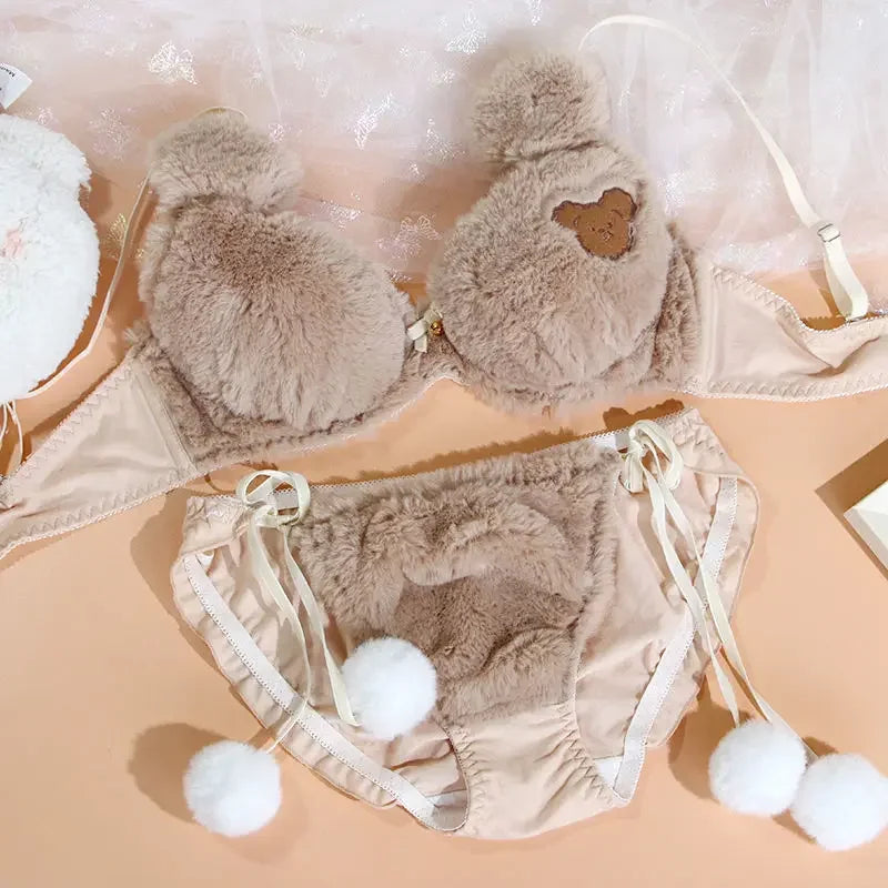 Japanese Girls Winter Soft Ropa Interior Cute Lingerie for Women Cartoon Bear Students Plush Sexy Bras Wireless Thin Bra Set - Evallys.com