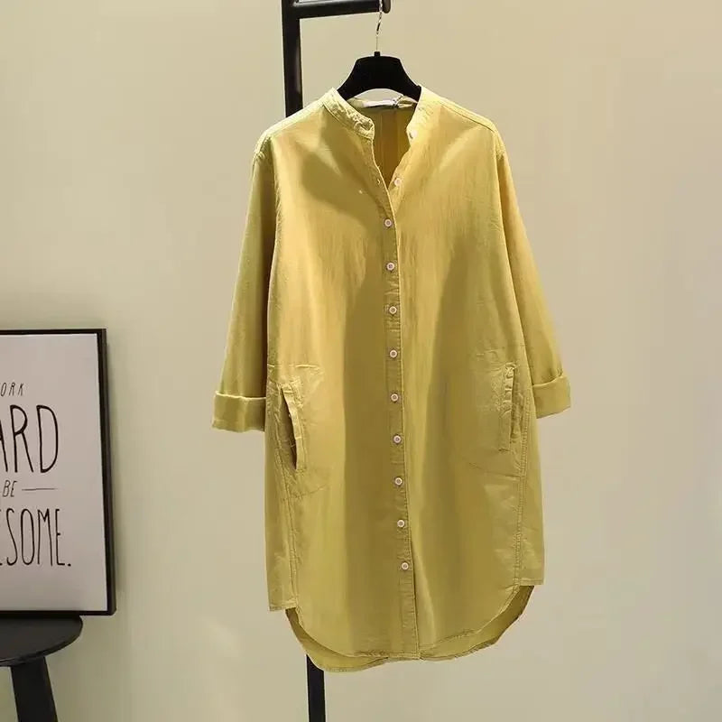 Elegant Cotton Linen Women’s Mid-Length Shirt – Casual Commuter Style - Evallys.com