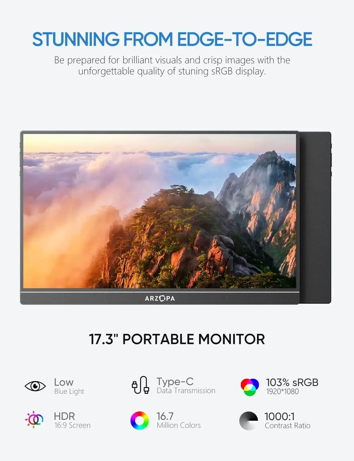 ARZOPA Portable Monitor 17.3'' 1080P HDR IPS Kickstand Speakers for PC Mac Phone Xbox Switch PS HDMI USB External Laptop Screen - Evallys.com