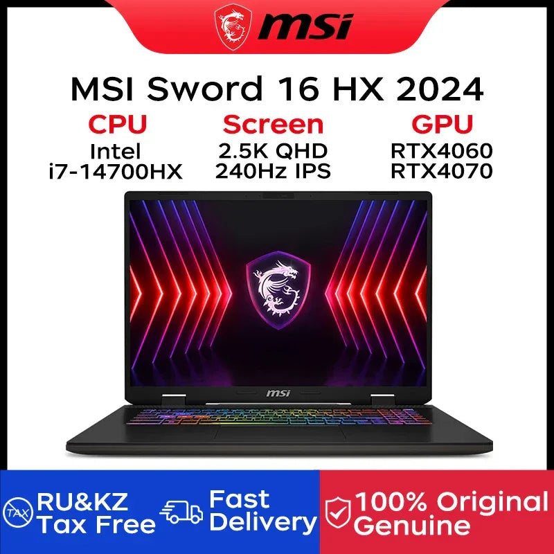 2024 MSI Sword 16 HX Laptop 16 Inch 2.5K QHD 240Hz IPS Screen Notebook i7-14700HX 16GB 1TB SSD RTX4070 Gaming Netbook Computer - Evallys.com