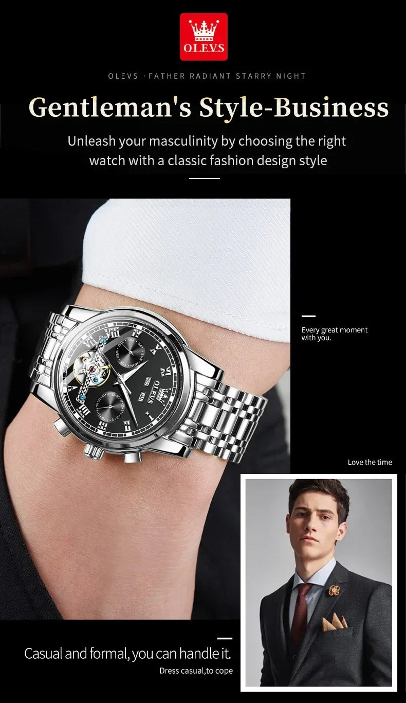 OLEVS Men's Watches Automatic Mechanical Business Wristwatch Waterproof Stainless Steel Strap Watch for Man Skeleton Calendar - Evallys.com