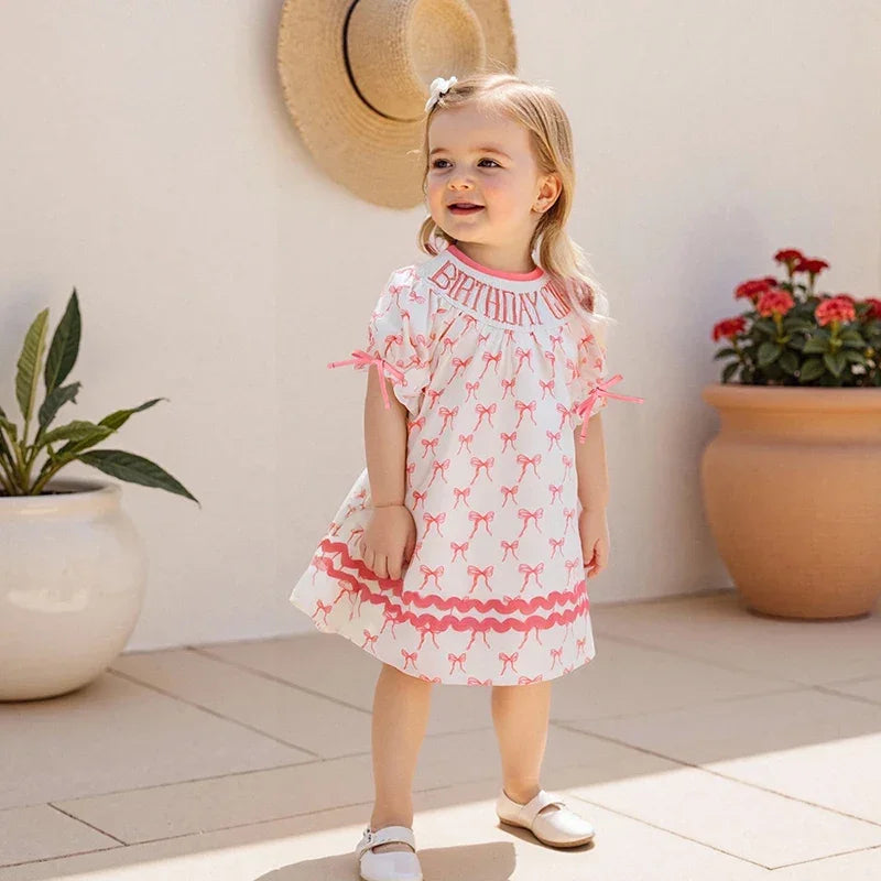 Toddler Girl Birthday Dress with Puff Sleeves and Embroidered Letters Smocked Summer Party Dress for Baby Girls - Evallys.com