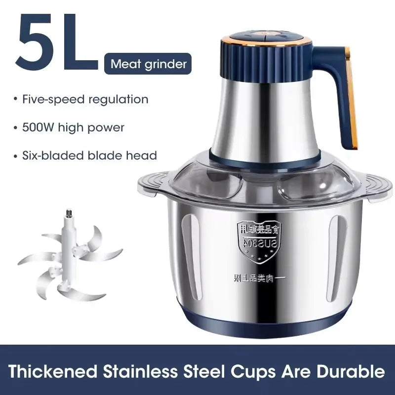 Electric Meat Grinders 5L Food Crusher Stainless Steel Multifunctional Vegetable Slicer Processor Chopper Kitchen Blenders - Evallys.com