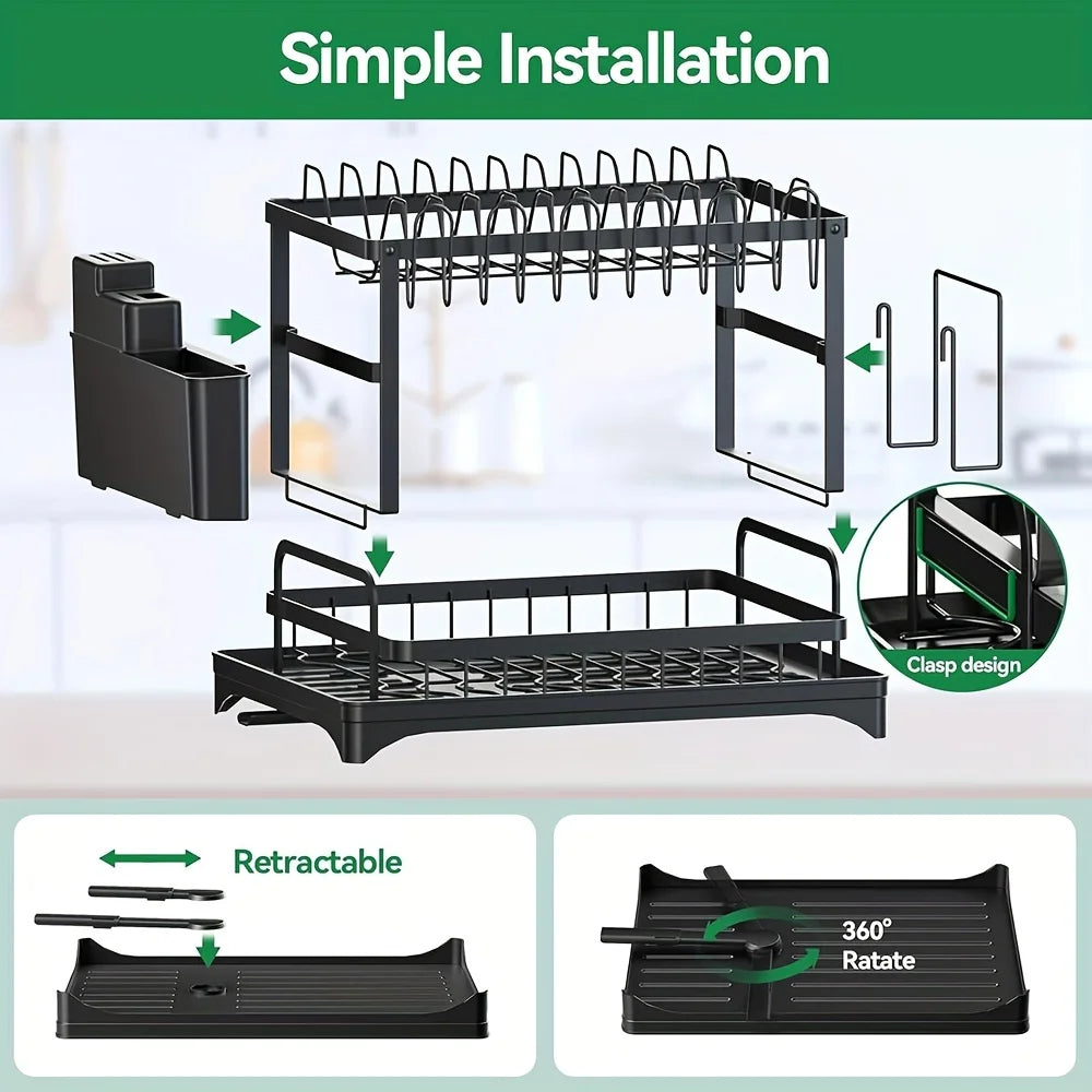 Dish Drying Rack Multifunctional Kitchen With Drainboard, Space-Saving 2-Tier Dish Drying Rack With Utensil Holder