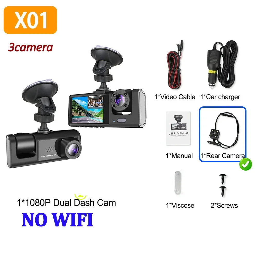 3Camera Dash Cam For Car Camera 1080P Video Recorder WIFI Car DVR Front Rear View Camera Night Vision Black Box Car Accessories - Evallys.com