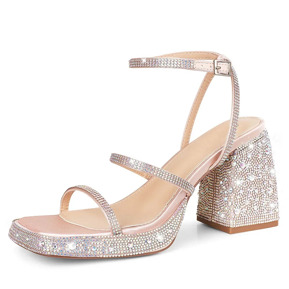 GIGIFOX Shiny Crystals Women Sandals Platform Chunky High Heel Ankle Strap Buckle Strap Shoes Sexy Elegant Dress Party Sandals - Evallys.com
