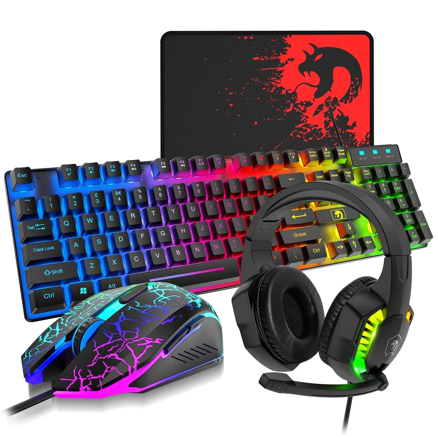 MANBASNAKE T11 Wired Gaming Keyboard and Mouse Headset Combo,Rainbow LED Backlit Wired Keyboard - Evallys.com