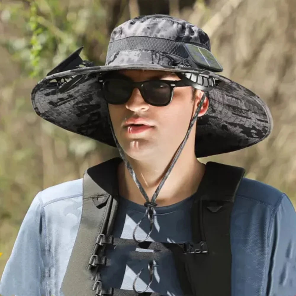 Solar Fan Sun Hat – Wide Brim Outdoor UV Protection Fishing Hat - Evallys.com
