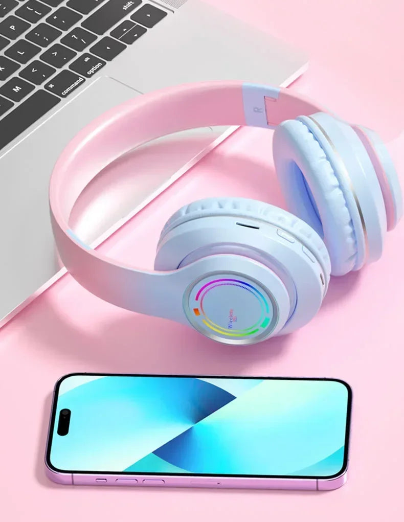 RGB Bluetooth Wireless Headphones For Girls Children's Headset with Microphone Support SD Card HIFi Stereo Gaming Earphone - Evallys.com