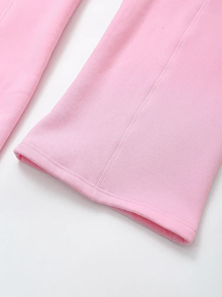 TRAF 2024 Spring Female Casual Hoodies Zipper Coats+Elastic Waist Baggy Pants 2 Pieces Set Elegant Loose Solid Pink Grey Pants - Evallys.com